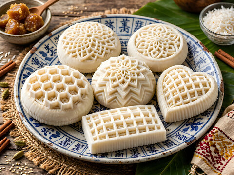 Futuristic 3D Printed Bangladeshi Nakshi Pitha - Traditional Rice Cake with Intricate Geometric Lattice Design on Ceramic Plate