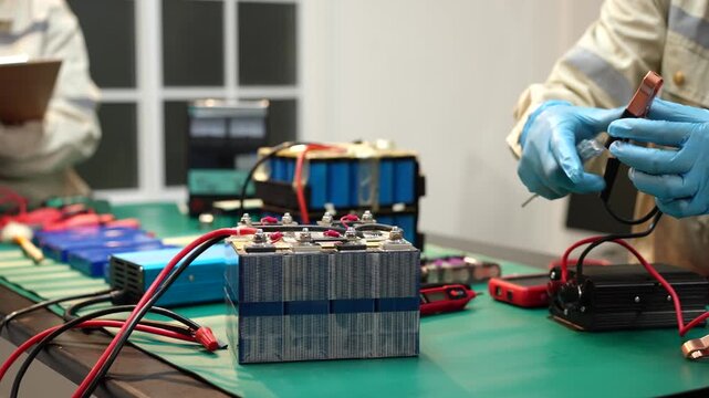 Technicians wearing gloves test a lithium battery pack with probes on