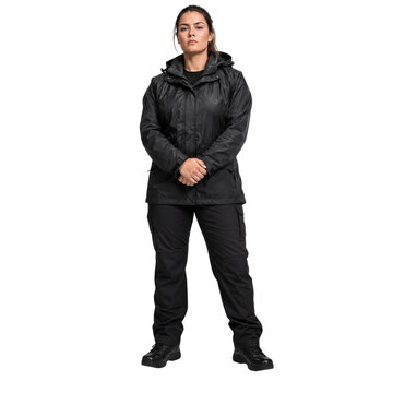 Female security guard in black uniform isolated on transparent background PNG cutout