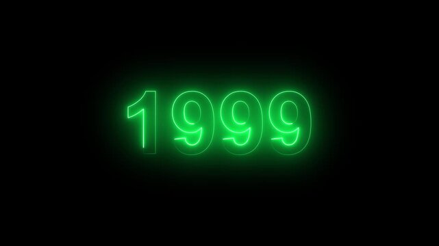 Glowing Vintage neon number 1999 glowing in dark retro style. important year, important date 1999 . Educational mathematics animation.
