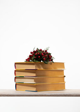 Festive book stack  for e-commerce banners, bookstore social media, and Christmas shopping discount advertisements.