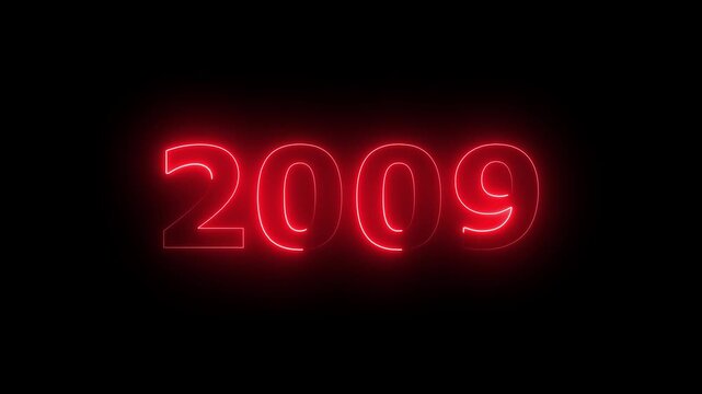 Glowing Vintage neon number 2009 glowing in dark retro style. important year, important date 2009 . Educational mathematics animation.