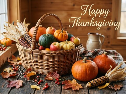 Autumn harvest basket with pumpkins apples corn and fall foliage thanksgiving still life