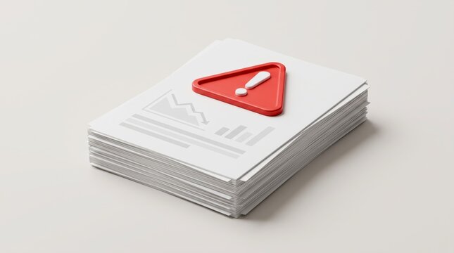 Stack of business report documents with red warning sign 3D icon