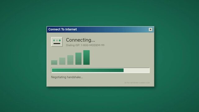Retro 90s style dial-up connection window with modem icon, animated signal bars and loading status text on a teal background. 9 second 4K 16:9 motion graphics video.