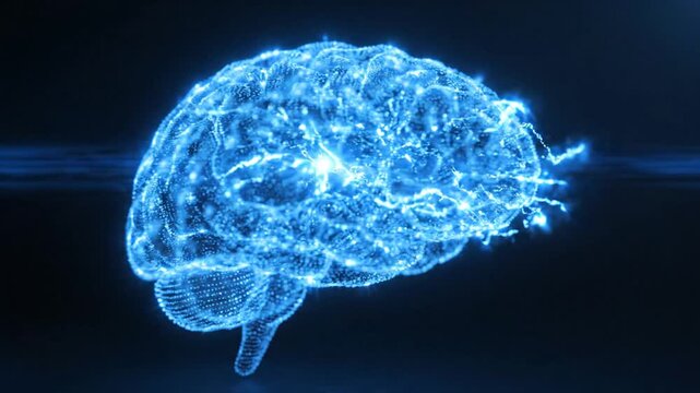 Glowing blue digital brain representing artificial intelligence and neurology