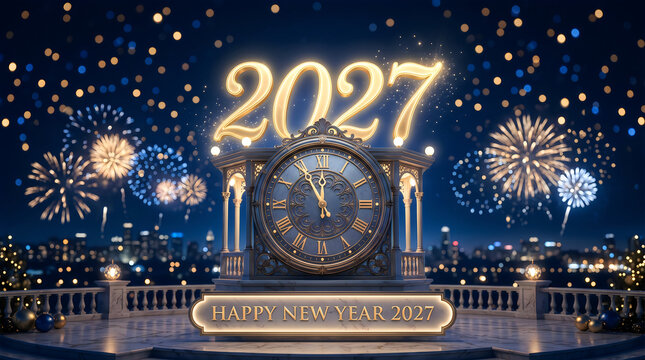 Happy New Year 2027 celebration with golden clock and fireworks