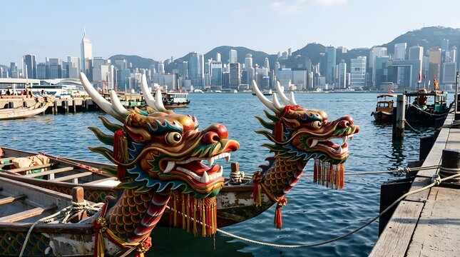 Traditional ornate dragon boat prows decorated with vibrant painted details moored near harbor waters showcasing modern city skyline backgrounds