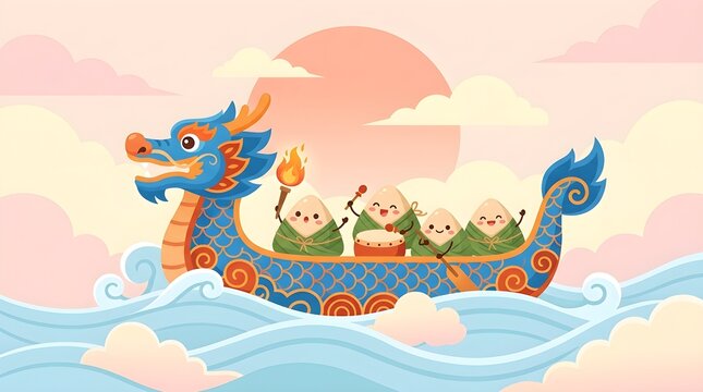 Traditional dragon boat racing featuring cute smiling zongzi characters celebrating joyful festival amid pastel pink clouds