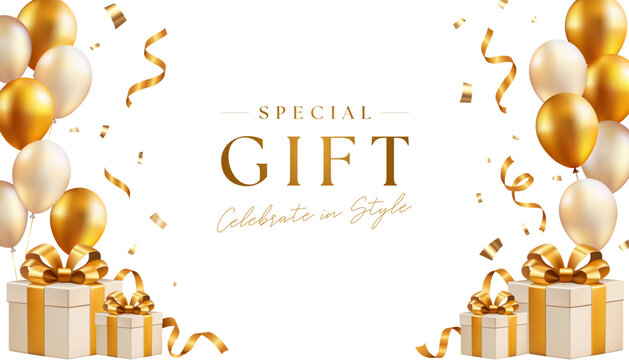 Luxury gift card background with white gift boxes gold balloons ribbon and confetti with copy space