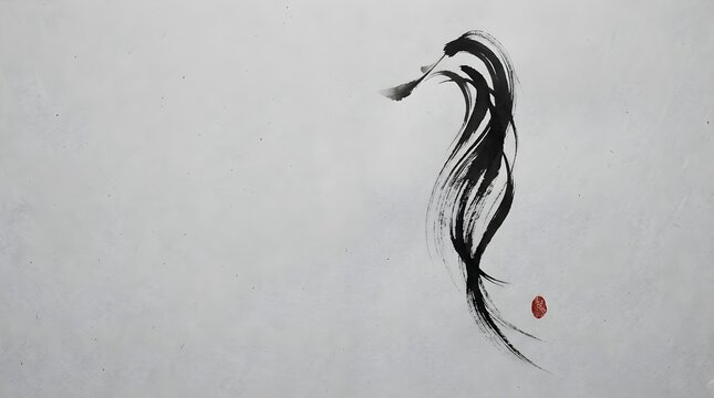 Elegant black ink calligraphy brush stroke depicting minimalist seahorse shape against plain light grey background texture