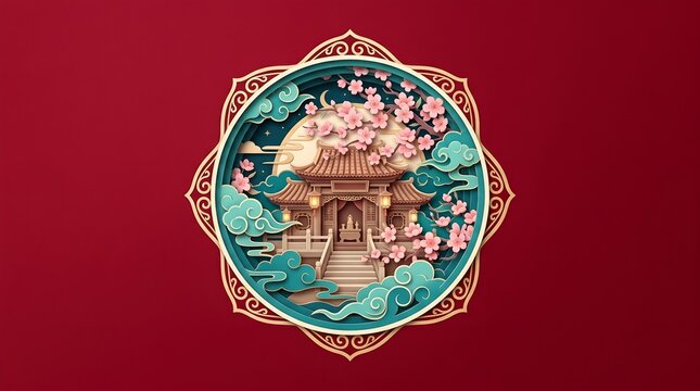 Traditional Asian temple surrounded by delicate cherry blossoms and glowing lanterns inside an ornate layered circular paper cutout frame