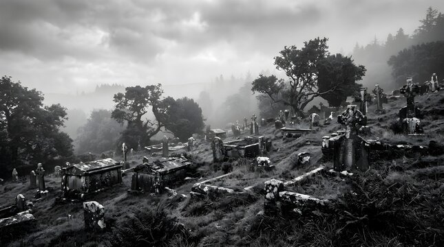 Ancient stone crosses and mossy tombs scattered across a misty hillside cemetery under dramatic dark stormy skies