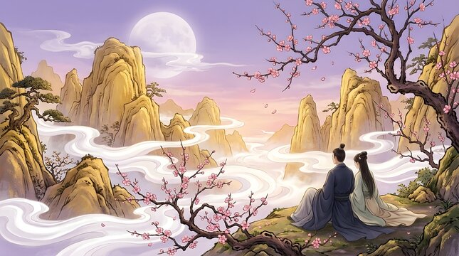 Traditional lovers sitting together on mountain cliff overlooking misty valley under bright full moon during serene evening twilight