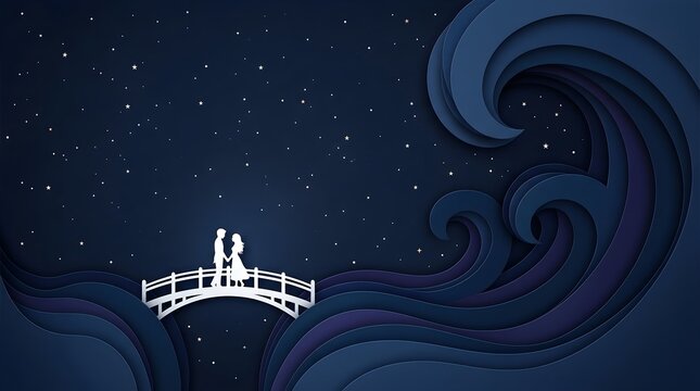 Romantic couple standing together on a white bridge under a dark blue starry night sky with paper cut waves