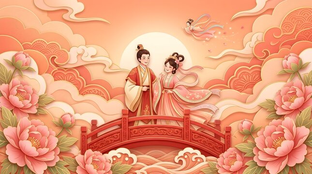 Traditional Chinese lovers dressed in ornate historical garments meeting romantically on a red bridge surrounded by glowing peony flowers