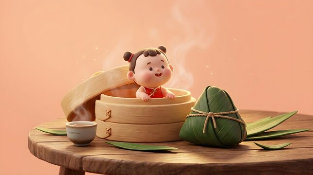 Cute smiling child sitting happily inside traditional bamboo steamer basket alongside tasty sticky rice dumpling during holiday celebration