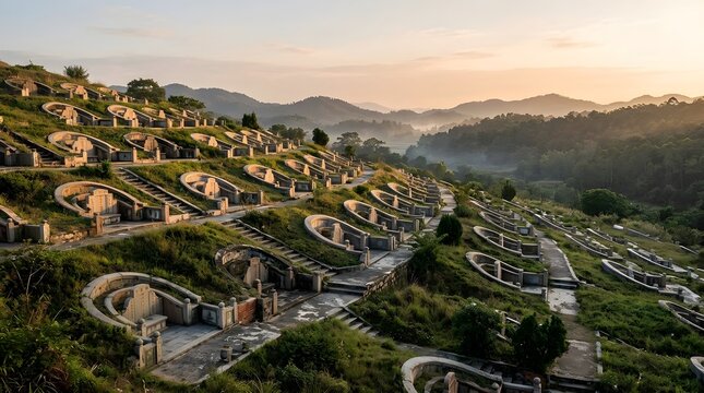 Traditional horseshoe shaped graves built on lush green hillside during peaceful sunrise with distant mountain view