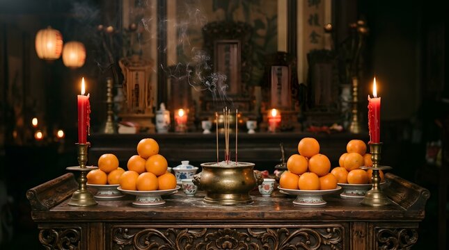 Traditional oriental ritual altar featuring burning incense sticks rising smoke glowing red candles and stacked fresh oranges on wooden tables