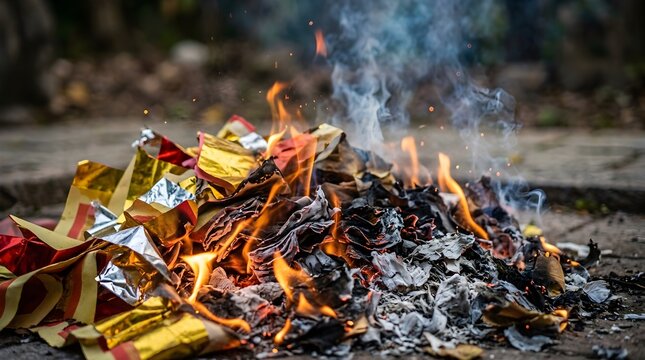 Bright burning ceremonial joss paper glowing with hot flames rising smoke and colorful metallic foils outdoors