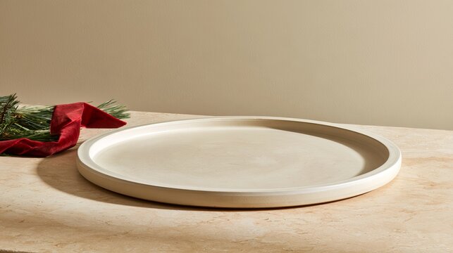 Empty ivory ceramic platter on a cream stone countertop with pine tips and red velvet ribbon, soft morning light, Christmas product background with upper right copy space