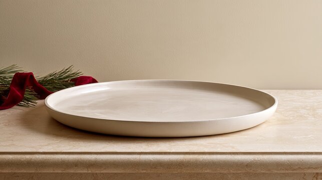 Empty ivory ceramic platter on a cream stone countertop with pine tips and red velvet ribbon, soft morning light, Christmas product background with upper right copy space