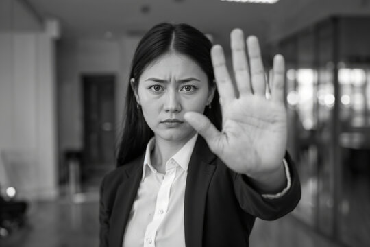 Upset office worker making a "stop" gesture with her hand. The unhappy woman is making a refusal gesture against the backdrop of a modern office. No to violence in the office workplace