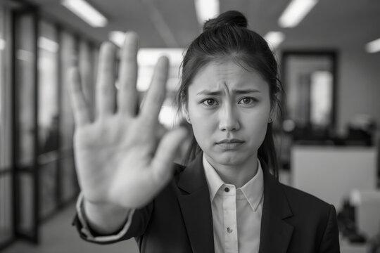 Asian woman in a business suit, her hand is raised in a firm, stopping gesture. No to violence in the office workplace. Her expression is serious, with furrowed brows and intense gaze