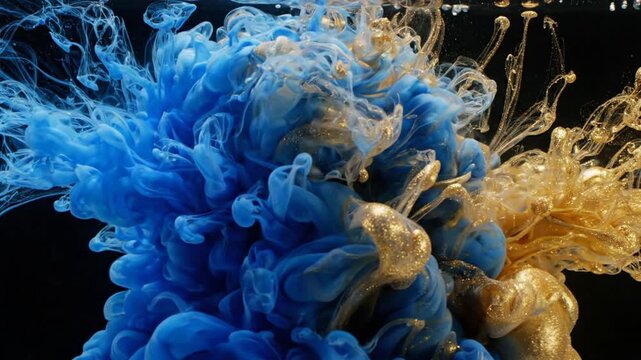 Blue and gold ink swirls in water on black background