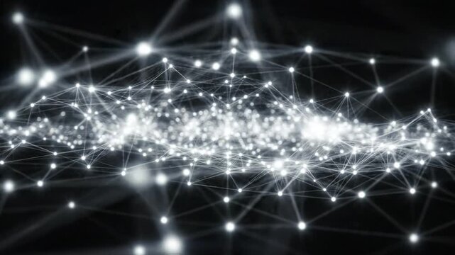 Abstract digital network of glowing nodes on black background
