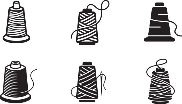 Black serger thread cone vector icons set showing sewing spools with
