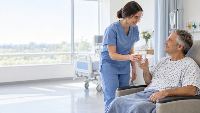 Female nurse giving glass of water to senior male patient in hospital