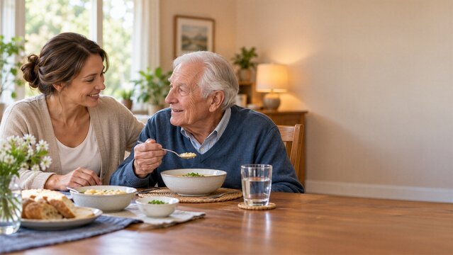 Young woman caregiver helping elderly man eating soup at home