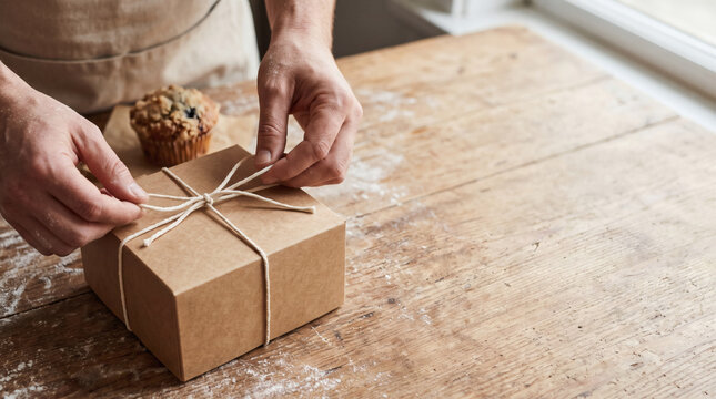 Hands tying cotton string around a kraft pastry box