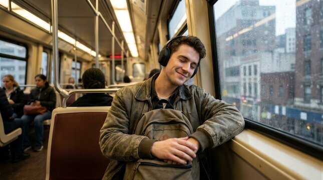 Young man relaxes on city subway, headphones on. He smiles softly, eyes closed, enjoying music. Rain streaks the window, adding atmospheric texture. Passengers sit nearby, unaware of his calm moment