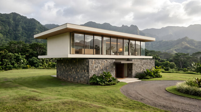 Modern luxury house with stone base and glass upper level in a tropical mountain landscape.
