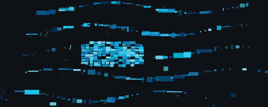 Digital data stream flowing abstractly with glowing blue blocks on a dark background