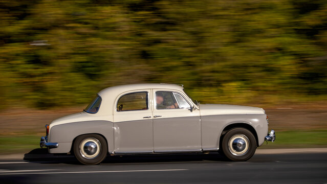Milton Keynes; UK - Oct. 18th 2026:  Classic Rover P4 luxury saloon car, known as Auntie, driving on a British road