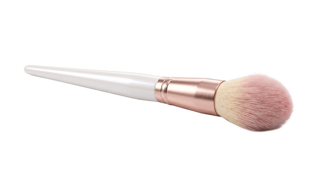 Professional rose gold makeup brush, fluffy powder applicator for beauty routine, elegant cosmetic tool with white handle and soft pink bristles isolated PNG with Transparent Background