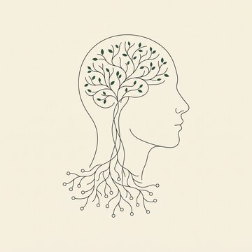 Minimalist Human Profile with Tree of Knowledge Inside Head, Nature Inspired Mind and Growth Concept