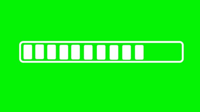 White segmented loading bar animation on a bright green background for chroma key, user interface, and video overlay projects