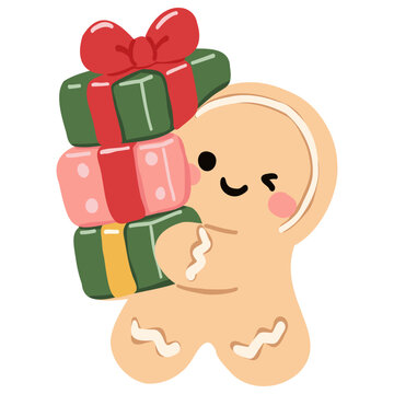 Cute Gingerbread Man Holding Christmas Gifts