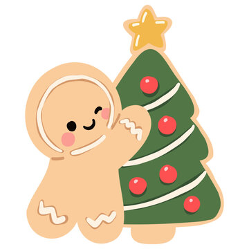 Cute Gingerbread Man Decorating Christmas Tree Illustration