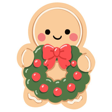 Cute Gingerbread Man Holding Christmas Wreath Illustration