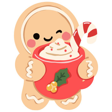 Cute Gingerbread Man Holding Hot Cocoa Illustration