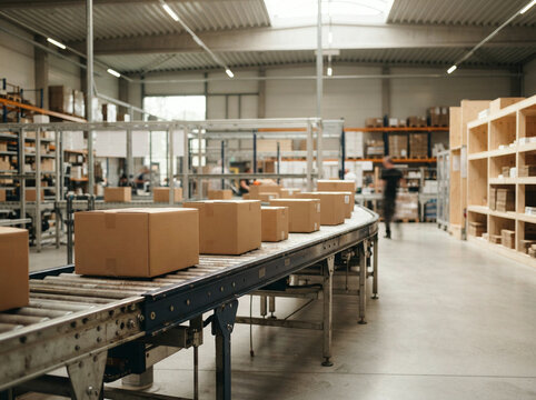 Cardboard boxes moving along a conveyor belt in a busy distribution centre