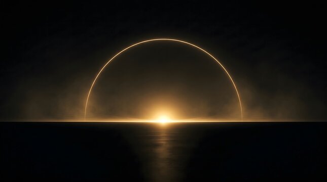 Abstract glowing golden arc light effect on dark background, futuristic portal or horizon concept with soft light rays and digital patterns