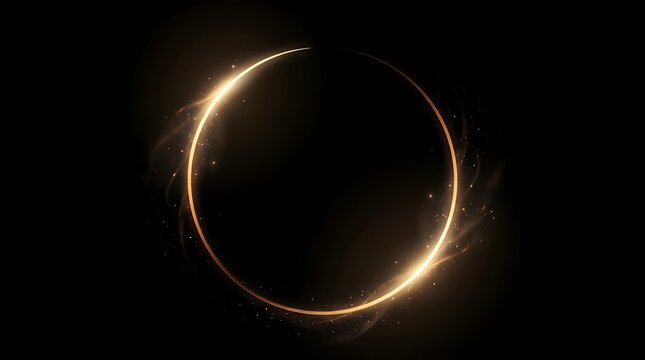 Golden glowing ring with light particles and sparkles on black background, abstract circular frame with magical light effect for luxury design and festive celebration