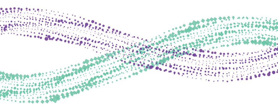 Abstract flowing lines of tiny dots in purple and teal against a clean white background creating a sense of movement and data