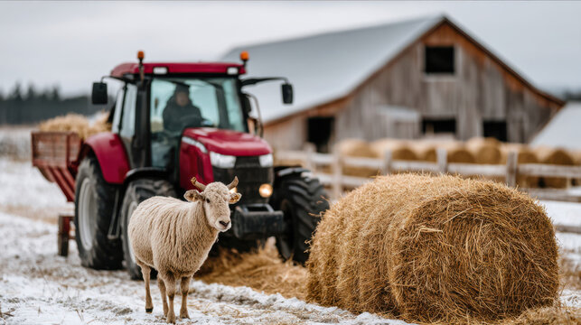 Red tractor with hay bales and sheep in snowy paddock for agricultural marketing winter farm scene rural equipment catalog and livestock feeding visuals